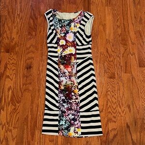 Nicole Miller Black and White Striped Floral Midi Dress